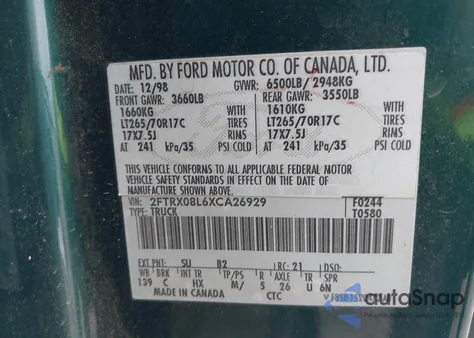 1999 Ford F-150 Lariat/Xl/Xlt from USA, damaged, VIN 2FTRX08L6XCA26929